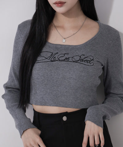 レタリングロゴ刺繍スクエアネックショートリブニットトップス ／ lettering logo embroidery square neck short rib knit tops
