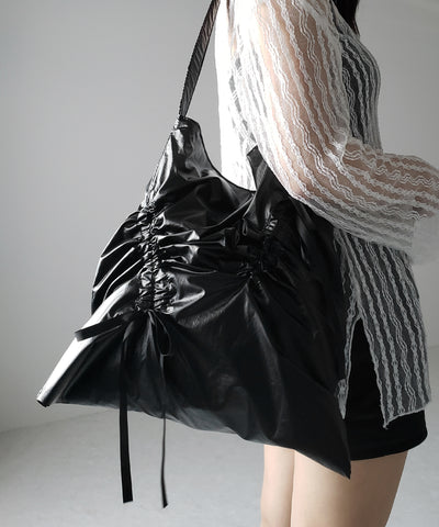 【 ２color 】シャーリングリボンメタリックトートバッグ ／ shirring ribbon metallic tote bag