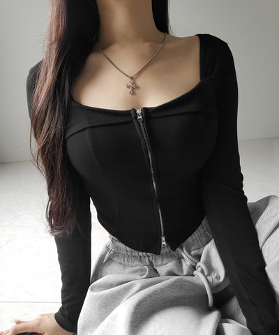 【 ２color 】ダブルジップコルセットスクエアネックロンＴ ／ double zip corset square neck longsleeve T-Shirt