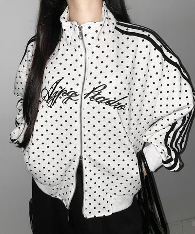 レタリングロゴ刺繍ドットラインオーバースウェットブルゾン ／ lettering logo embroidery dot line over sweat blouson