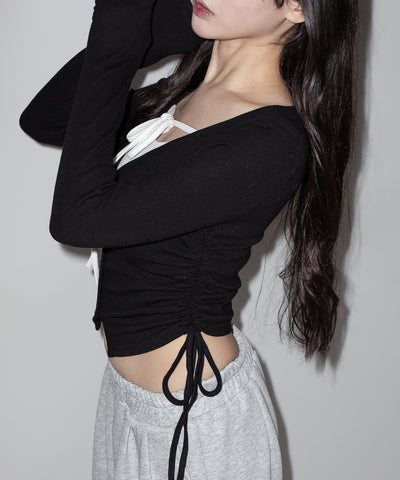【 ３WAY 】レイヤード風シャーリングリボンリブトップス ／ fake layered shirring ribbon lib tops