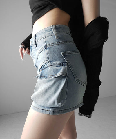 カーゴポケットレイヤードデニムミニスカパン ／ cargo pocket layered denim mini skirt pants