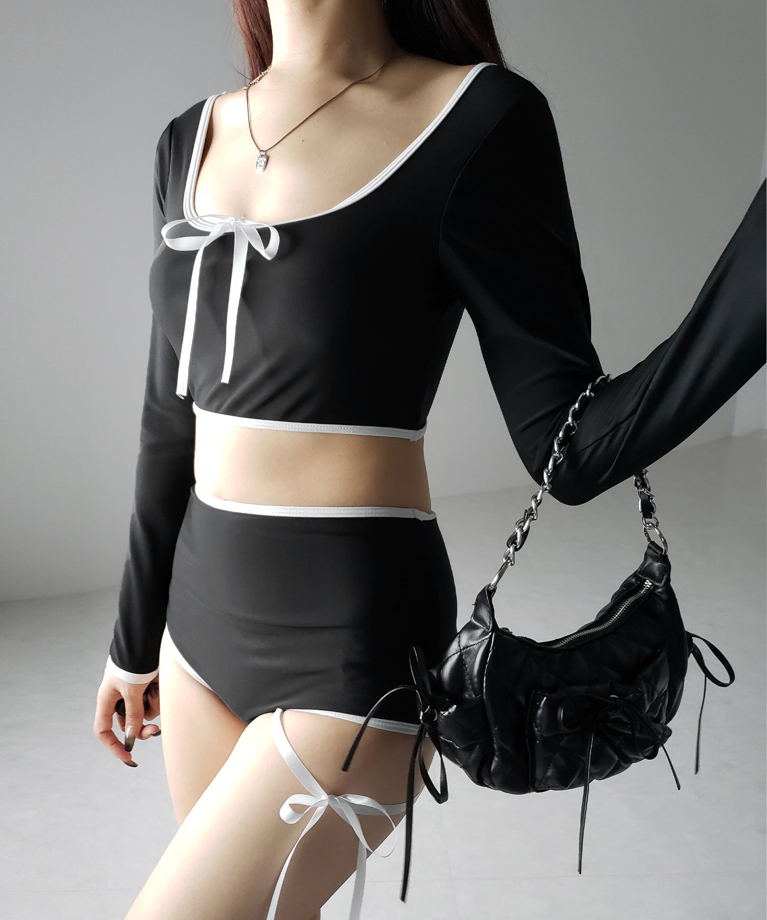 【 レディース水着／２点セット 】フロントリボンモノトーンハイウエストビキニ ／ front ribbon monotone high waist bikini