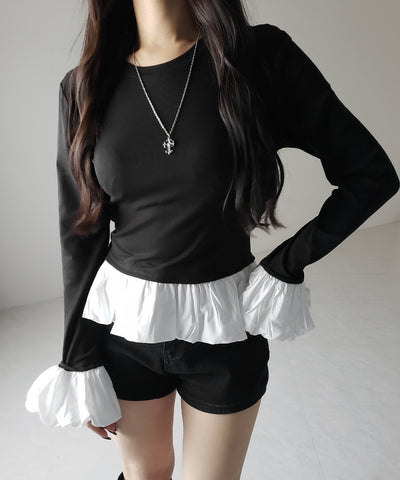【 ２color 】裾バルーンフリルカットソートップス ／ hem balloon frill cutsew tops