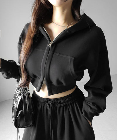 【 セットアップ 】ダブルジップショートパーカー ＋ タックワイドスウェットパンツ SET ／ double zip short hoodie + tuck wide sweat pants SET