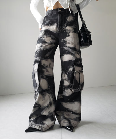 【 ２color ／ ４size 】クラッシュブリーチストレートカーゴデニム ／crash bleach straight cargo denim