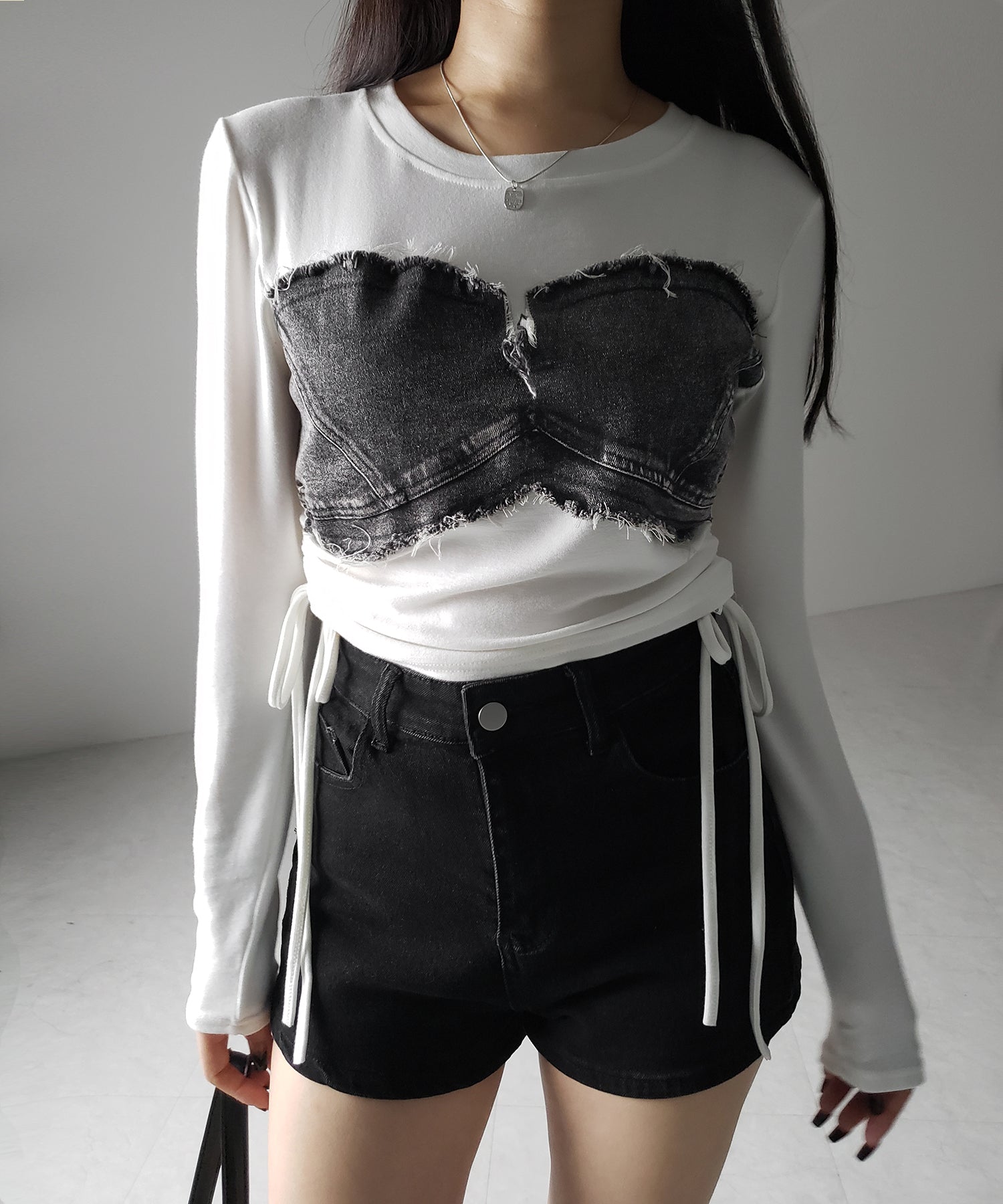 【 ２color 】サイドリボンダメージデニムドッキングＴシャツ ／ side ribbon damage denim docking Tee