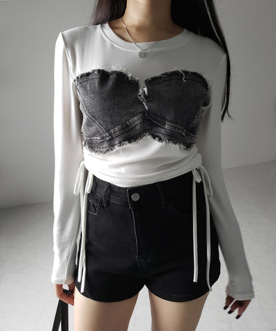 【 ２color 】サイドリボンダメージデニムドッキングＴシャツ ／ side ribbon damage denim docking Tee