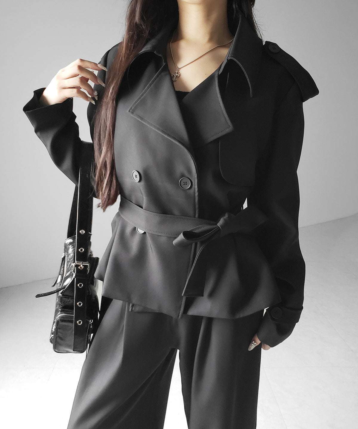 【 上下セットアップ 】ウエストマークショートトレンチコート ＋ タックワイドスラックスパンツ SETUP ／ Waist-mark short trench coat + tuck wide slacks pants