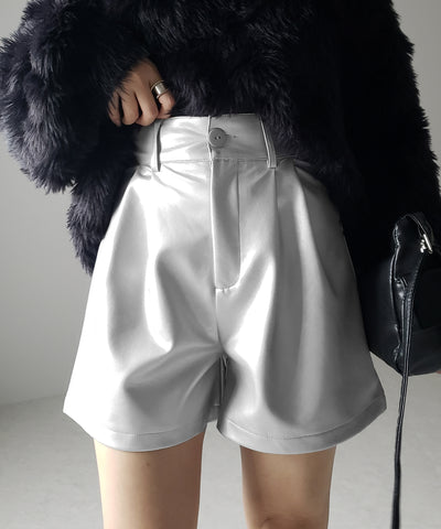 【 3color ／ ５size 】太ベルトハイウエストタックレザーショートパンツ