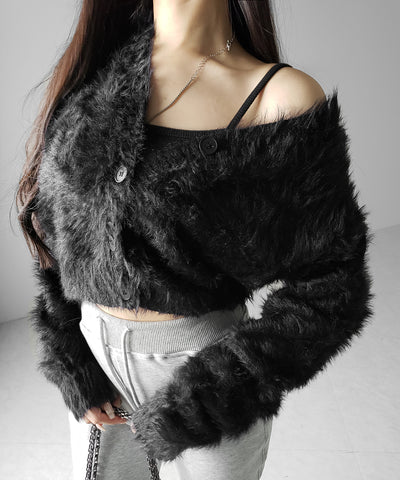 ブラックボタンショートシャギーニットカーディガン ／ black button short shaggy knit cardigan