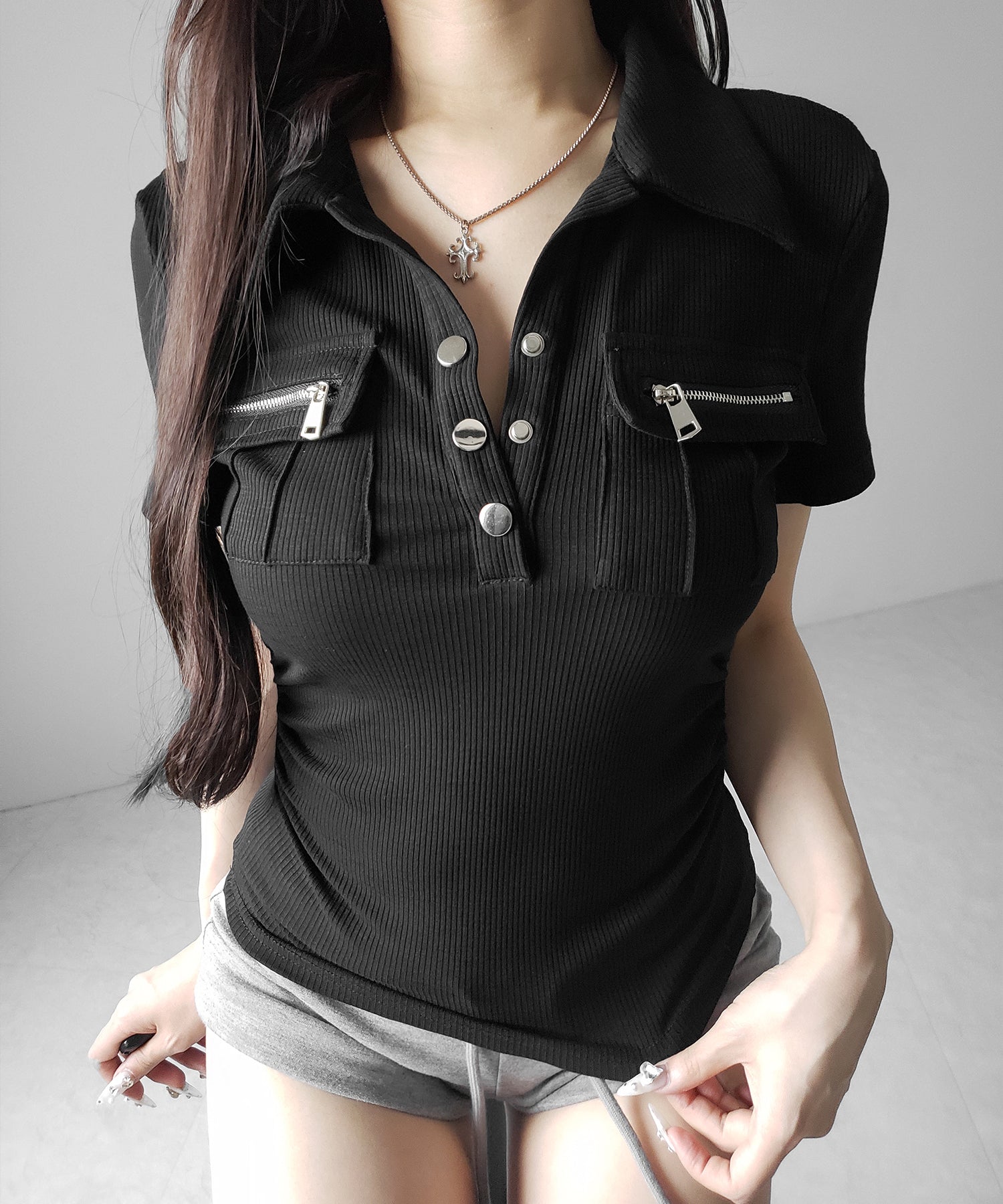 アウトポケットポロネックリブカットソートップス ／ out pocket polo neck rib cutsew tops