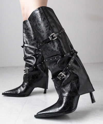 ヴィンテージレザーベルテッドロングカバーブーツ ／vintage leather belted long cover boots