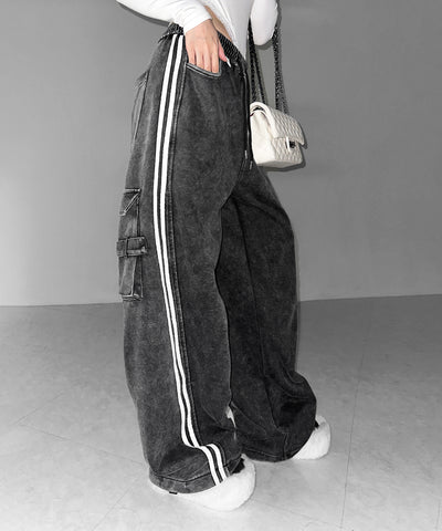 【 裾絞り可能２WAY 】サイドラインピグメントワイドカーゴスウェットパンツ ／ sideline pigment wide cargo sweatpants