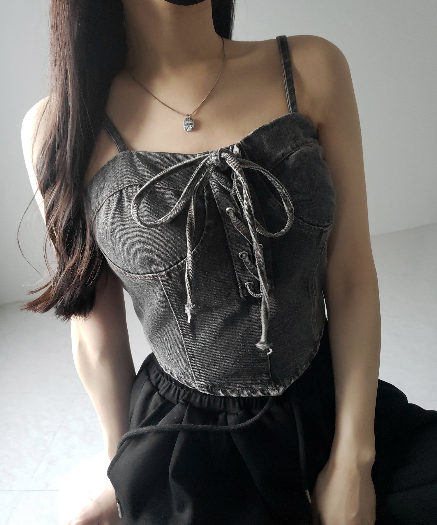 【 ２color 】レースアップリボンコルセットデニムビスチェ ／ lace up ribbon corset denim bustier
