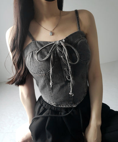 【 ２color 】レースアップリボンコルセットデニムビスチェ ／ lace up ribbon corset denim bustier