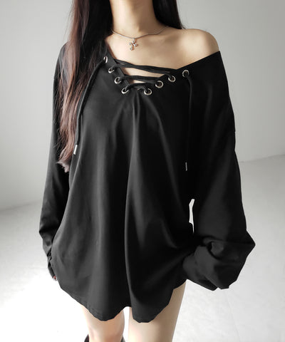 【 ２color 】レースアップルーズシルエット長袖ビッグTシャツ ／ laceup loose silhouette long sleeve big T-shirt
