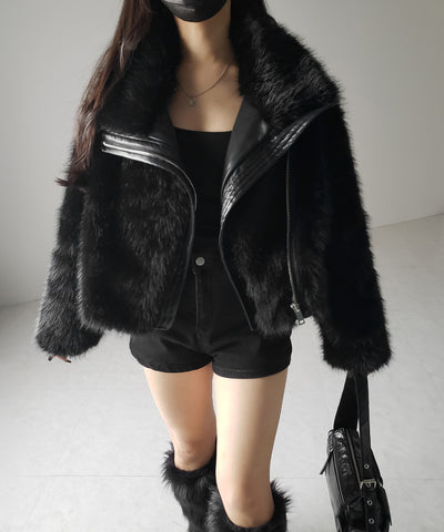 【 ２WAY 】ジップアップレザードッキングフェイクファーコート ／ zip up leather docking fake fur coat