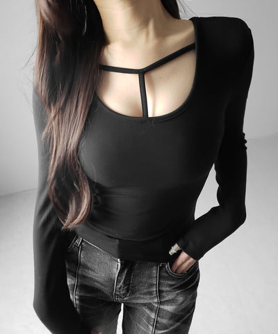 【 裏起毛 】カットアウトストラップスリムカットソートップス ／ cutout strap slim cutsew tops