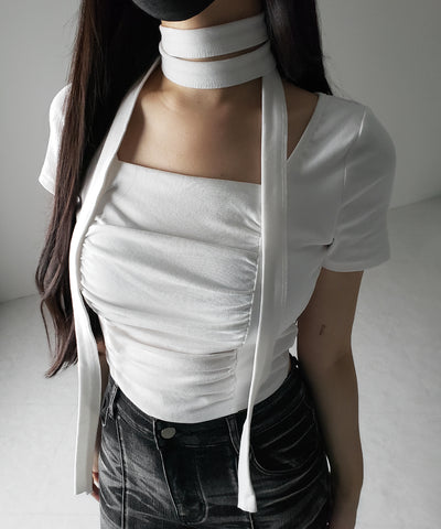 【 ２WAY 】チョーカーロングタイ付き スクエアネックギャザースリムＴシャツ ／ choker long tie SET square neck gather slim sleeve T-shirt
