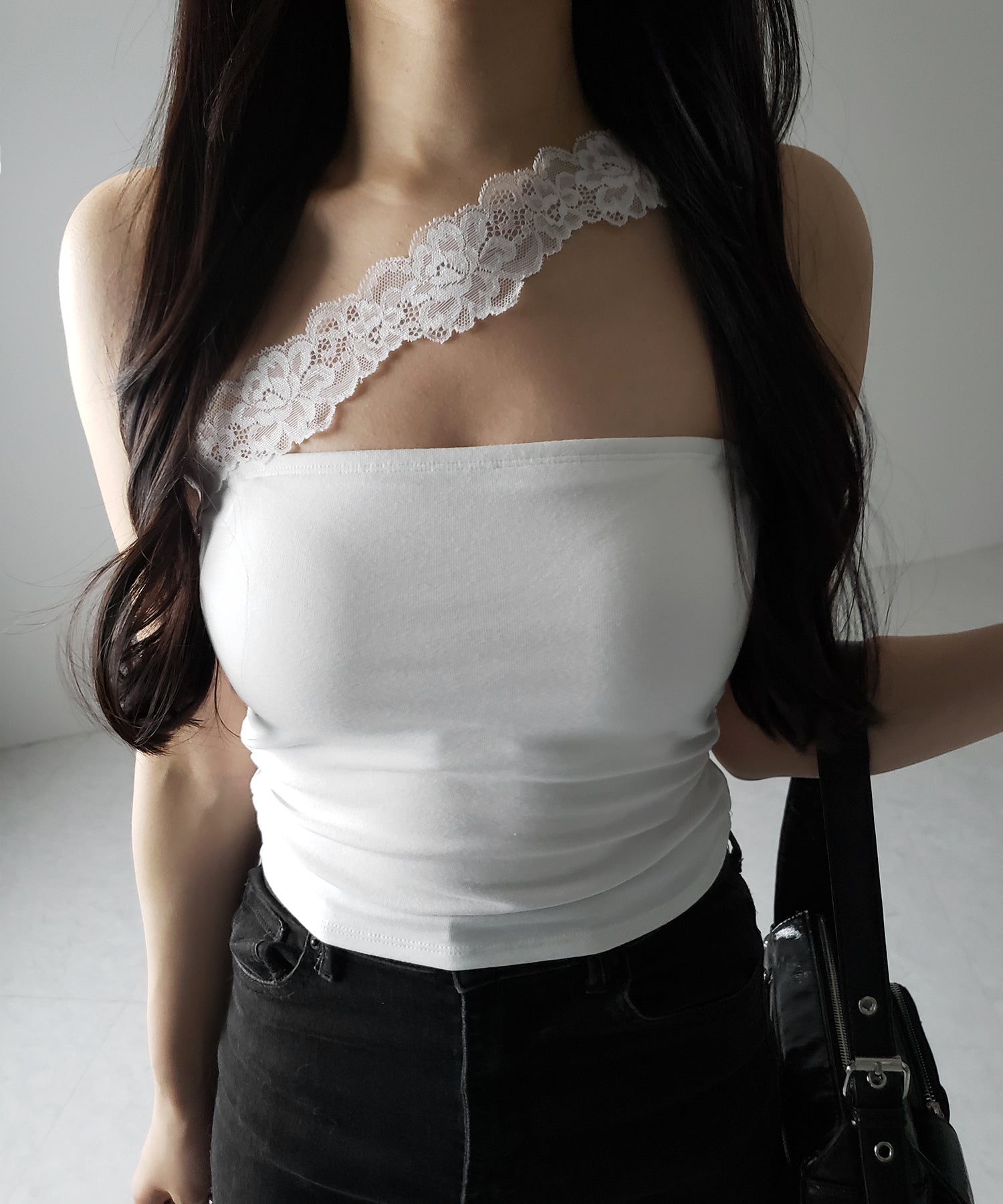 【 ２color ／ カップ付 】ナナメレーススクエアキャミソール ／ naname lace square camisole