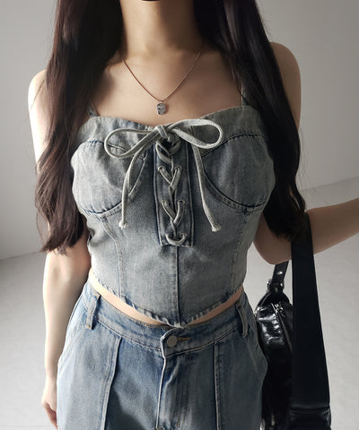 【 ２color 】レースアップリボンコルセットデニムビスチェ ／ lace up ribbon corset denim bustier