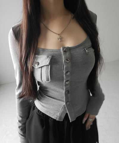 アウトポケットスクエアネック長袖スリムTシャツ ／Out pocket square neck long sleeve slim T-shirt