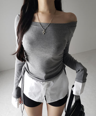 【 ２color ／ ２WAY 】シャツドッキングサイドリボンワンショルトップス ／shirt docking side ribbon oneshoulder tops