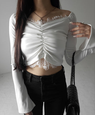 【 ２color 】レースドッキングシャーリングショートカットソートップス ／ lace docking shirring short cutsew tops