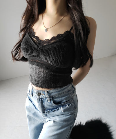 【 カップ付き 】ダブルレースシャギーファーショートビスチェキャミソール ／ double lace shaggy fur short bustier camisole