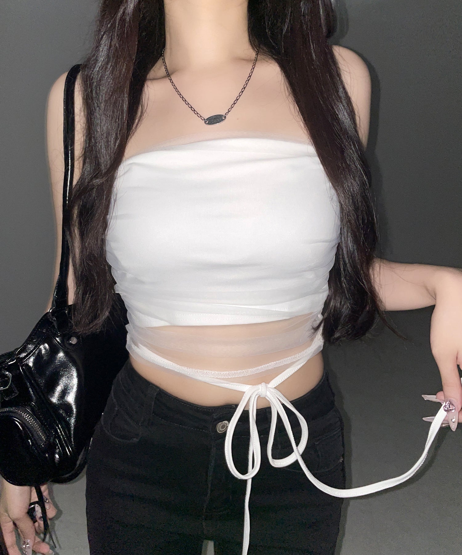 ウエストクロスチュールドッキングベアトップ ／ waist cross tulle docking bare top