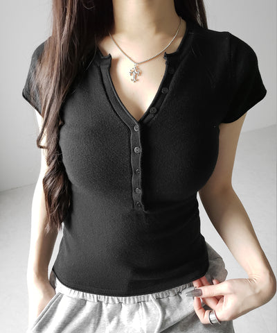 ヘンリーネック半袖ぴちニットトップス ／ henley neck short sleeve pichi knit tops