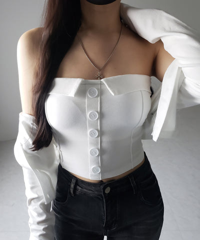 【 2点セット 】フロントボタンベアトップ ＋ クロップドカットソーカーディガン SET ／ front button bare top + cropped cutsaw cardigan SET
