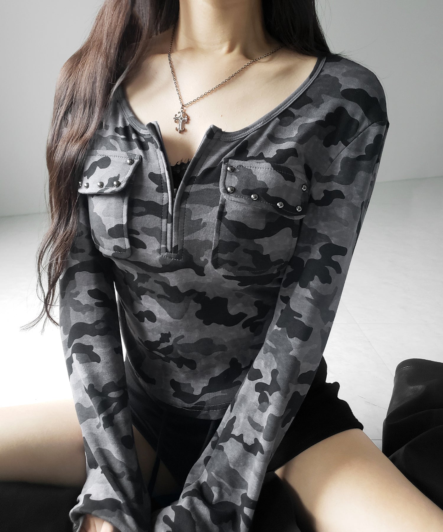 ヴィンテージカモフラアウトポケットジップロンT ／ vintage camouflage out pocket zip longsleeve T-shirt