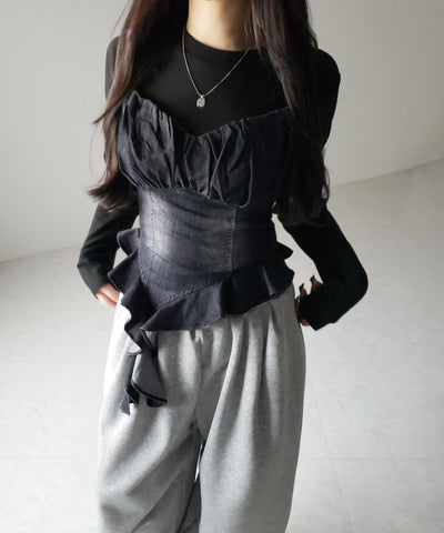 【 ２点セット 】ヴィンテージデニムビスチェ ＆ レイヤードＴシャツセット ／ vintage denim bustier & layered Ｔ-shirts set