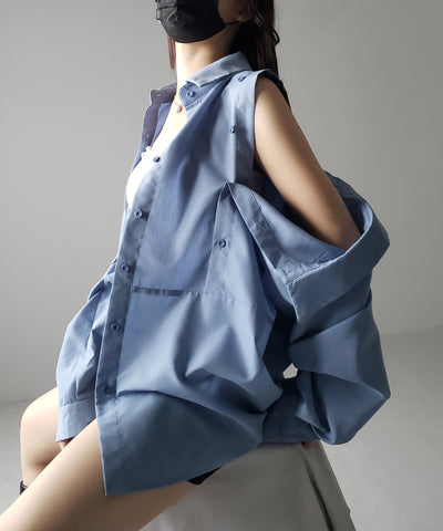 【 ３color 】オープンショルダーカットアウトビッグシャツ ／ open shoulder cutout big shirt