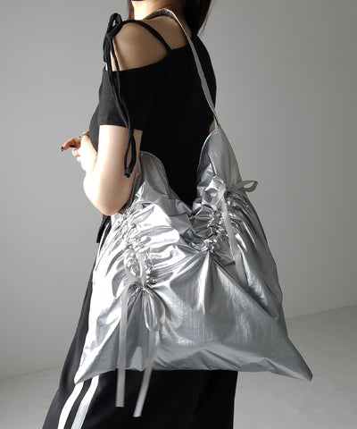 【 ２color 】シャーリングリボンメタリックトートバッグ ／ shirring ribbon metallic tote bag