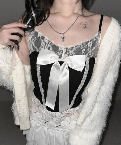 フロントサテンリボンレースキャミビスチェ ／ front satin ribbon lace cami bustier