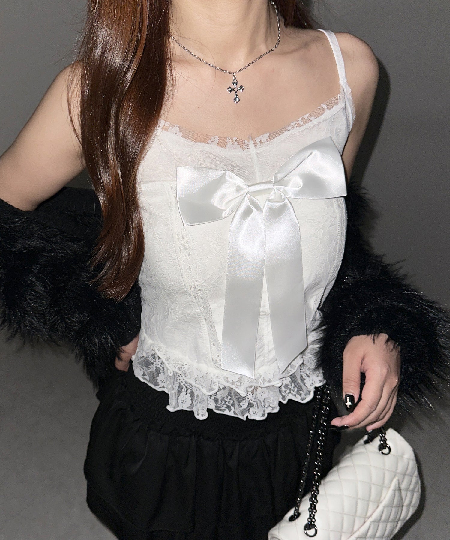 フロントサテンリボンレースキャミビスチェ ／ front satin ribbon lace cami bustier