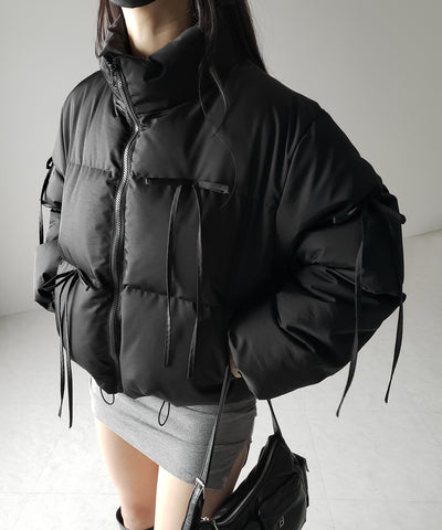 【 選べる３色展開 ／ 裾絞り可能２WAY 】ストラップリボンショートパフダウンジャケット ／ strap ribbon short puff down jacket