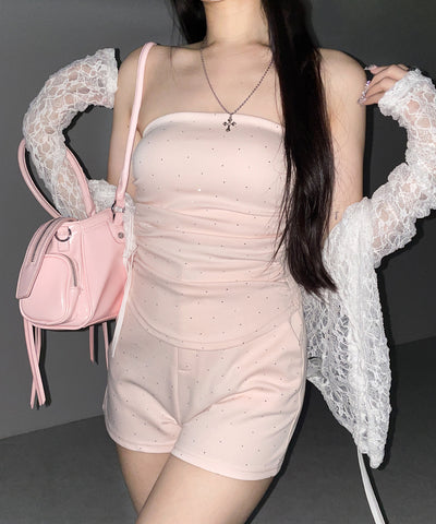【 セットアップ 】ラインストーンベアトップ＋ハイウエストショートパンツ SET ／ 【 SETUP 】Rhinestone bare tops ＋ high waist short pants SET