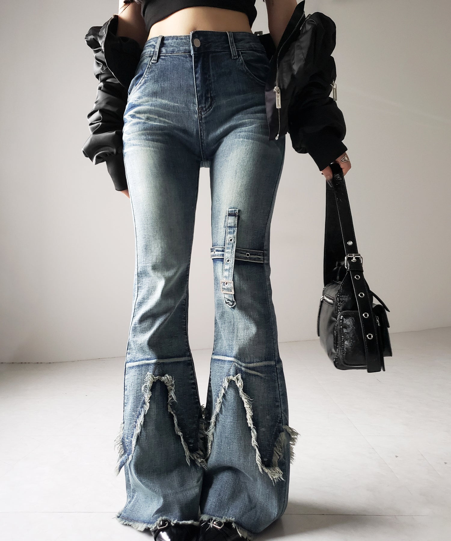 【 ２color ／ ４size 】クロスデザインヴィンテージライクフリンジストレッチフレアデニム ／ cross design vintage-like fringe stretch flare denim