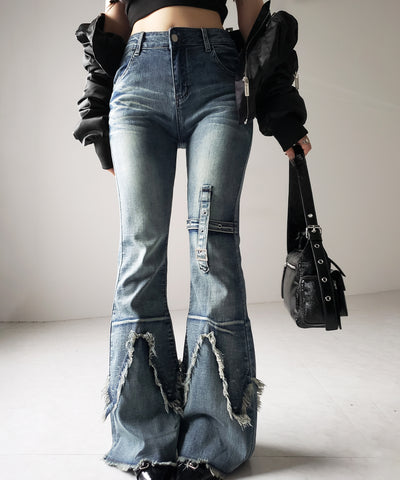 【 ２color ／ ４size 】クロスデザインヴィンテージライクフリンジストレッチフレアデニム ／ cross design vintage-like fringe stretch flare denim