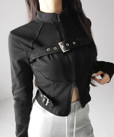 スタンドカラーベルテッドダブルジップスリムトップス ／ stand collar belted double zip slim tops