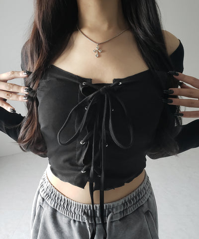 【 ３color 】レースアップフロントリボンショートスリムトップス ／ lace up front ribbon short slim tops