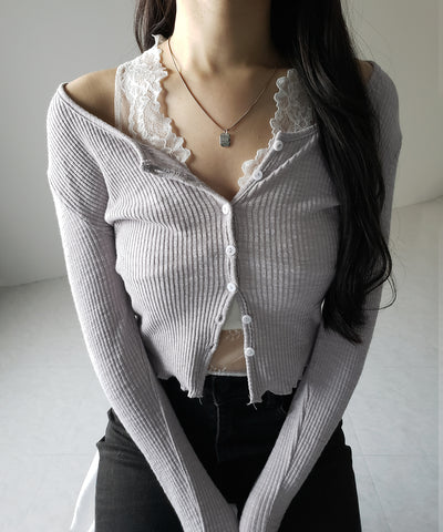 【 ２点セット 】レイヤードレースシアーリブカットソーカーディガン ／ layered lace sheer rib cut and sew cardigan