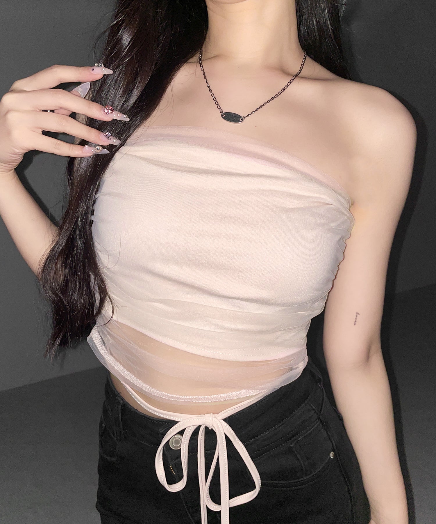 ウエストクロスチュールドッキングベアトップ ／ waist cross tulle docking bare top