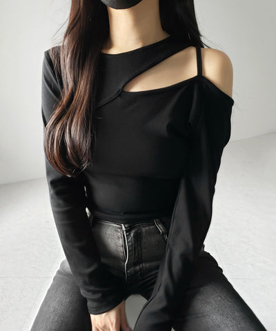 【 ３color 】ショルダーカットアウトストラップリブトップス ／ shoulder cutout strap lib tops
