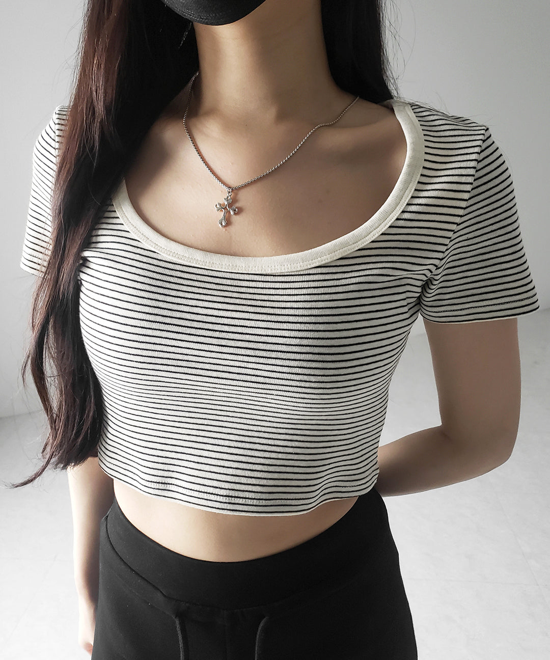 【 ２color 】ピンボーダースクエアネックショートＴシャツ ／ pin border square neck short T-shirt