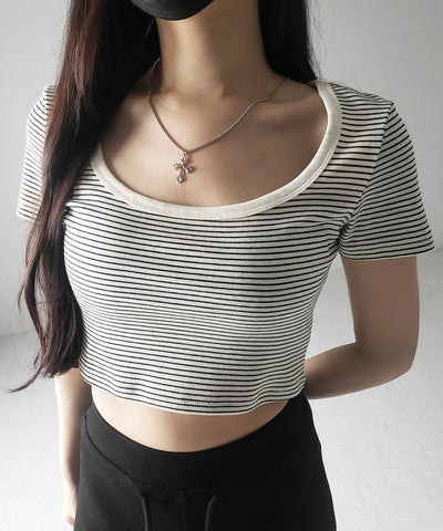 【 ２color 】ピンボーダースクエアネックショートＴシャツ ／ pin border square neck short T-shirt